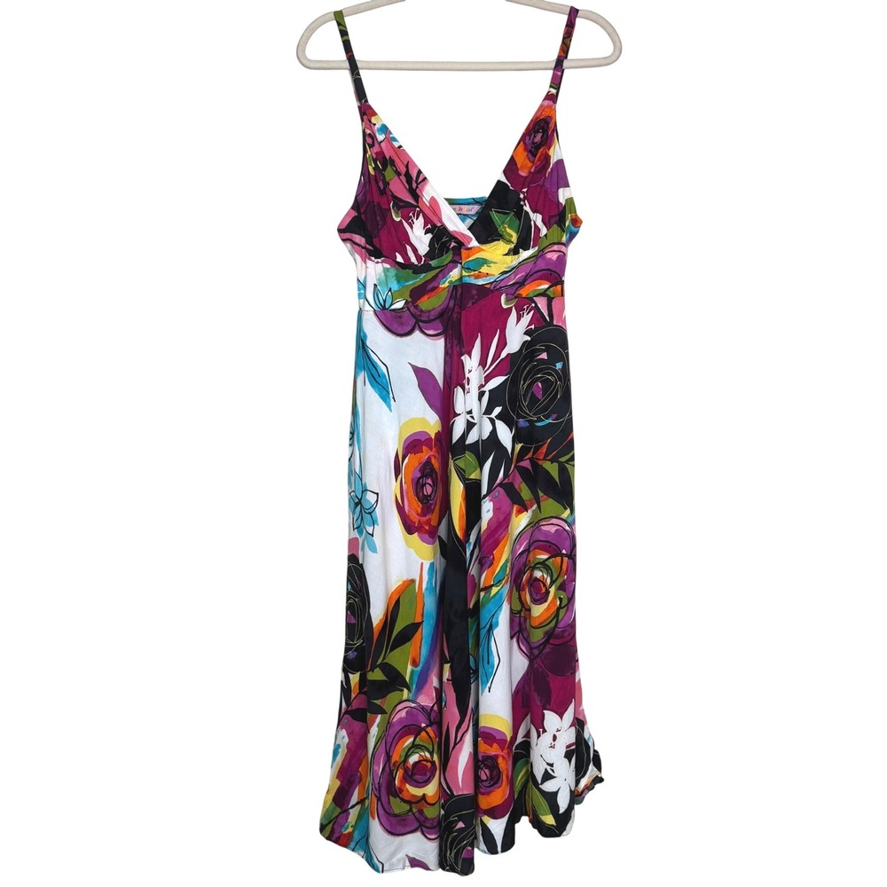 Jams World Womens Rayon Dress XL Multicolor Abstract Botantical Floral Midi